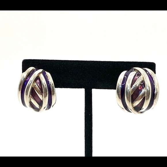 Clip Ons Clips Earrings Silver Tone Purple Maroon Enamel - Picture 9 of 11